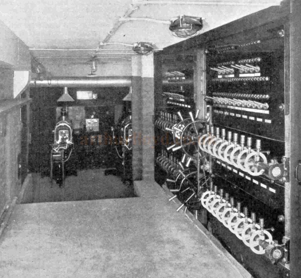 A typical modern "Strand" Colour Switchboard and Dimmer Regulator, as installed at the Tivoli, Glasgow.	Note the compactness and accessibility of all Controls - From The Bioscope, 12th of March 1930.